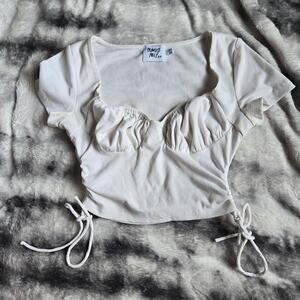 Princess Polly White Ruched Crop Top Size 4 Square Neck Adjustable Sides Flaw